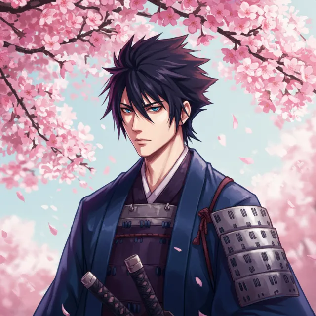 An anime-style portrait of a samurai standing under pink cherry blossoms - Google Imagen 3.0