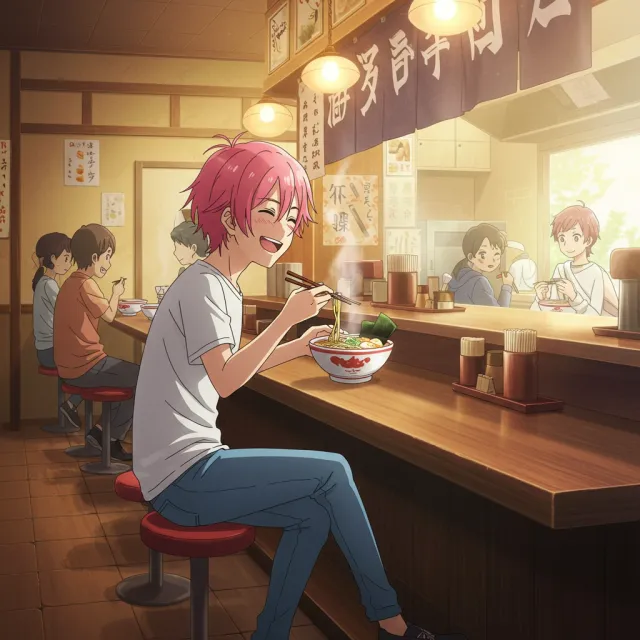 An anime scene of a character eating ramen at a small shop counter (slice-of-life style) - Google Imagen 3.0