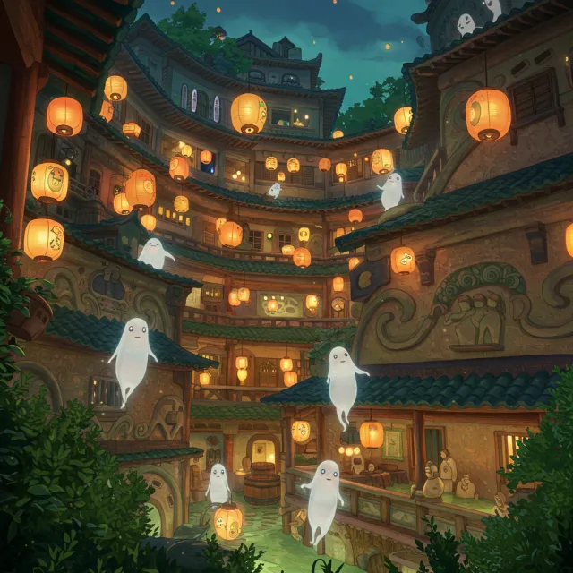 An enchanted bathhouse with glowing lanterns and spirits. Recreate the visual style of… - Google Imagen 3.0