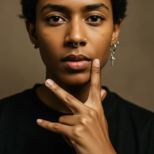 Photorealistic close-up portrait of a person clearly performing the American Sign Language gesture for "thank you," hand positioned visibly in front of the chest, clear expression on face, neutral background - Imagen 3.0