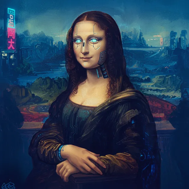 The Mona Lisa reimagined as a futuristic android, rendered in a digital art style that preserves Da Vinci's composition while incorporating sleek cyberpunk aesthetics and technological elements. - Imagen 3.0