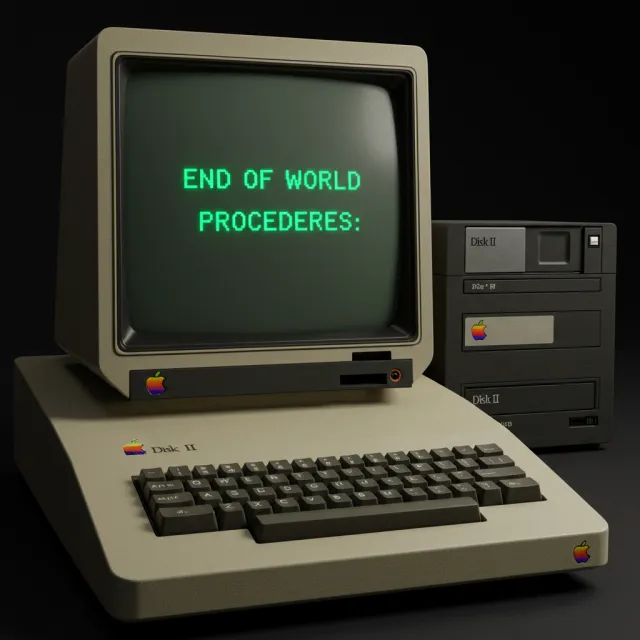 Vintage Apple II computer with green monochrome CRT screen, displaying 'END OF WORLD… - Google Imagen 3.0