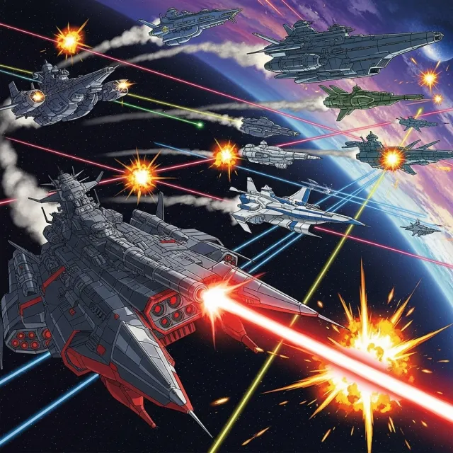 A 90s anime-style space battle scene with giant starships and laser beams - Google Imagen 4.0 Ultra