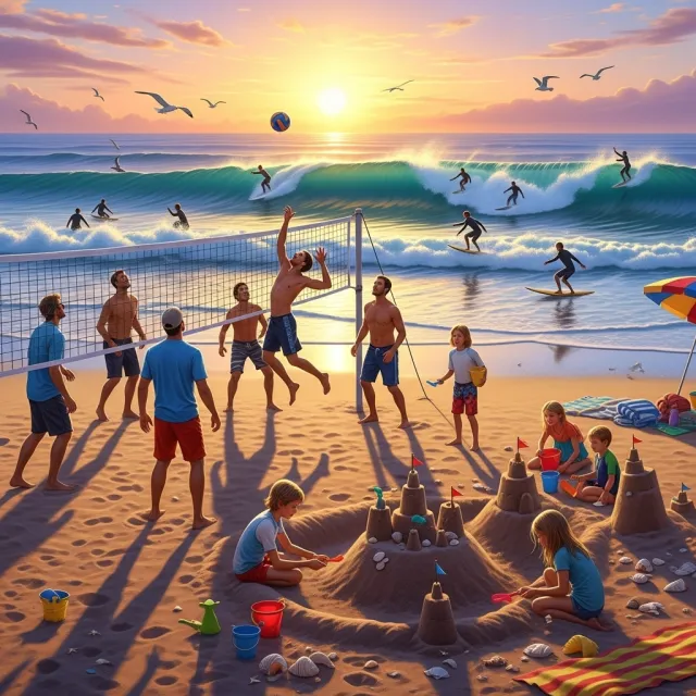 A beach scene: adults playing volleyball, kids building sandcastles, and surfers riding… - Google Imagen 4.0 Ultra