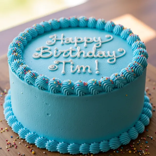 A birthday cake with icing that spells "Happy Birthday Tim!" on top, food photography… - Google Imagen 4.0 Ultra