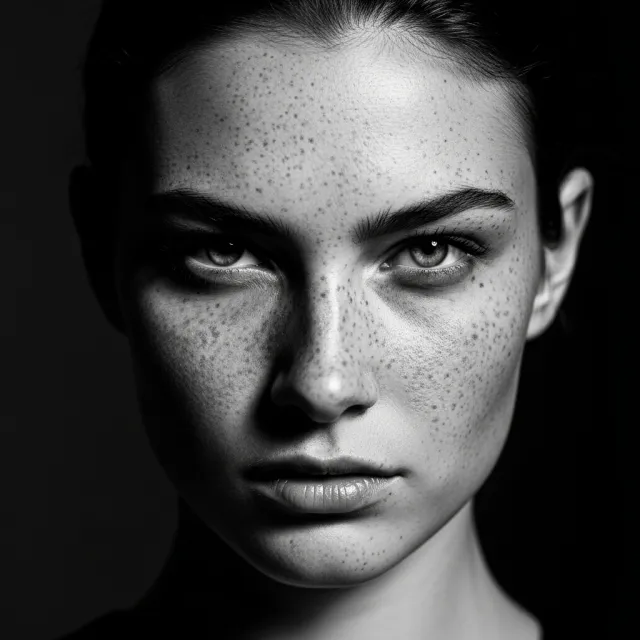 A black and white close-up portrait of a freckled woman with an intense gaze - Google Imagen 4.0 Ultra