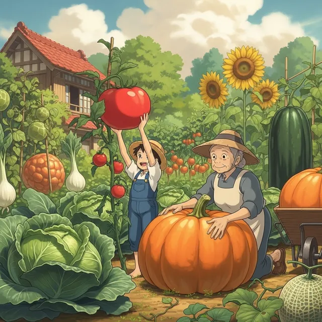 A child and elder tending oversized vegetables in a garden. Reproduce the artistic style… - Google Imagen 4.0 Ultra