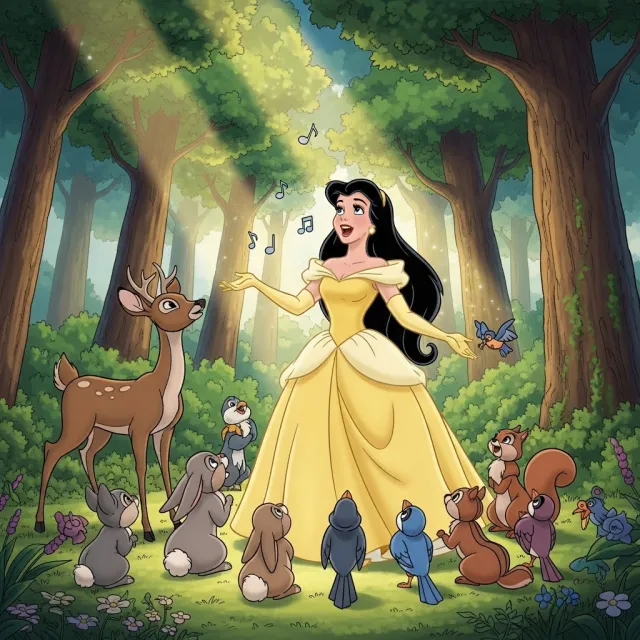 A classic Disney-like 2D cartoon princess singing with animals in a forest - Google Imagen 4.0 Ultra