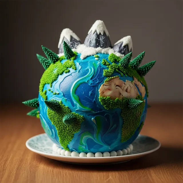 A dessert cake that looks like a tiny planet, complete with miniature trees and… - Google Imagen 4.0 Ultra