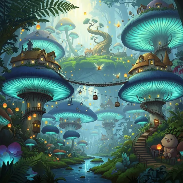 A forest of giant mushrooms with houses built on top of them, rendered in a whimsical… - Google Imagen 4.0 Ultra