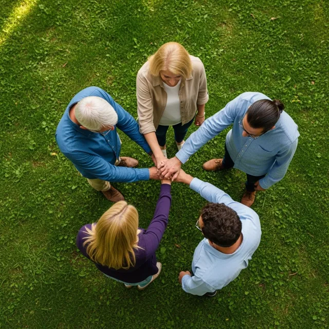 A group of five people joining hands in a circle, seen from above - Google Imagen 4.0 Ultra