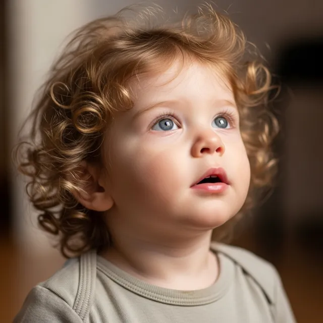 A hyper-realistic photo of a toddler with curly hair and big eyes, looking upward - Google Imagen 4.0 Ultra