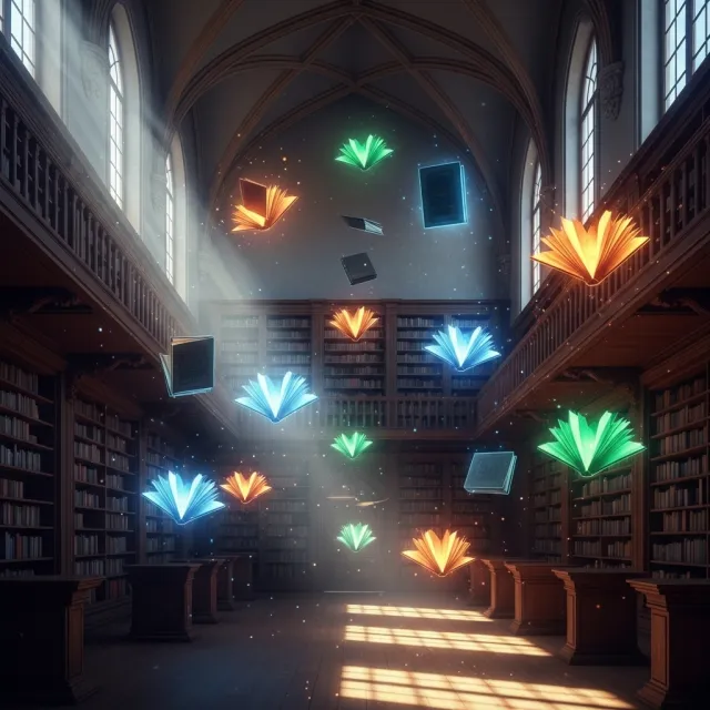 A library where the books are glowing and floating in mid-air, illustrated in a magical… - Google Imagen 4.0 Ultra