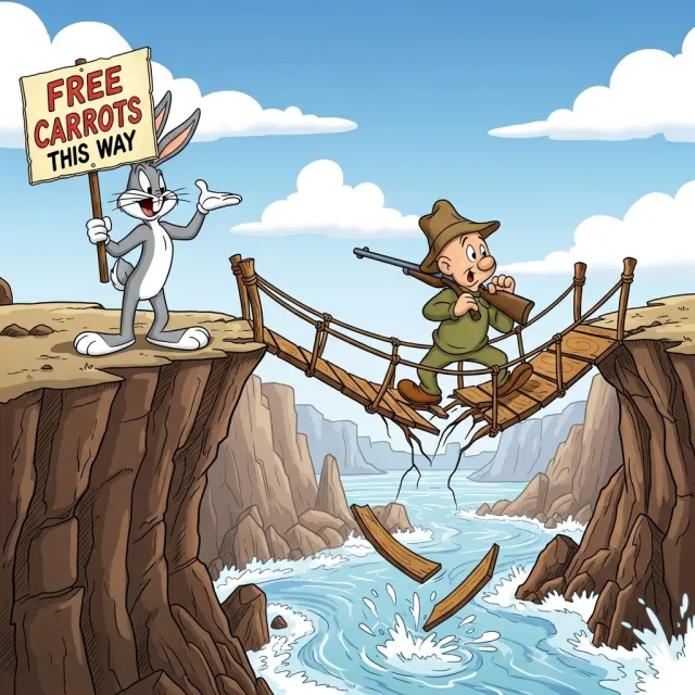 A Looney Tunes-inspired cartoon scene of a clever rabbit tricking a hunter. - Imagen 4.0 Ultra