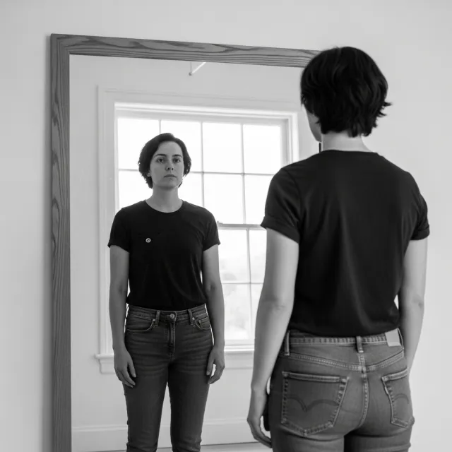 A person standing before a mirror, with their front and reflected back both visible - Google Imagen 4.0 Ultra
