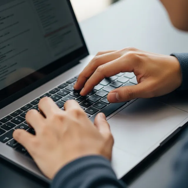 A person typing on a laptop keyboard, showing both hands on the keys - Google Imagen 4.0 Ultra