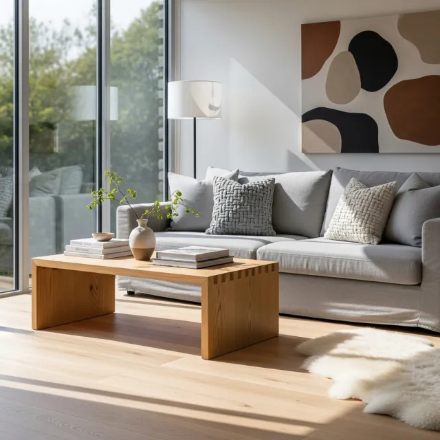 A photorealistic interior of a modern Scandinavian-style living room with natural light streaming through floor-to-ceiling windows. Show detailed wood textures, fabric materials, and proper light reflections. - Imagen 4.0 Ultra