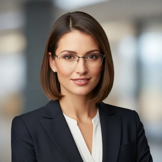 A professional headshot of a businesswoman wearing glasses, against a blurred background. - Imagen 4.0 Ultra