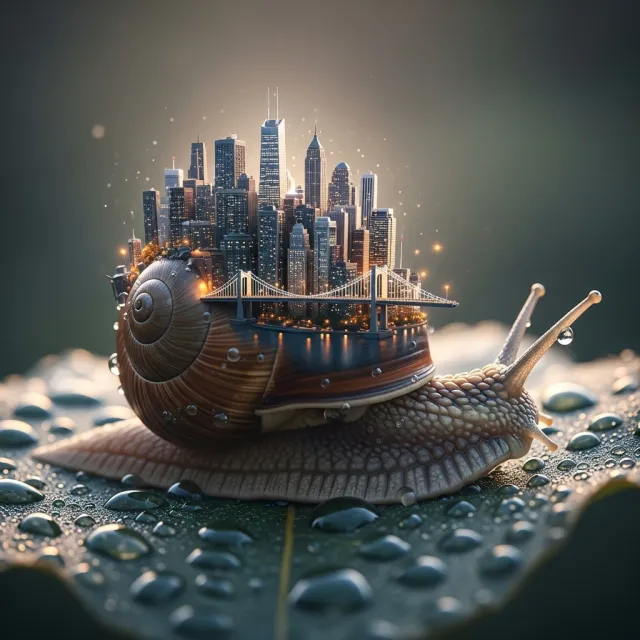 A snail whose shell contains a miniature city skyline, depicted in a hyperrealistic macro… - Google Imagen 4.0 Ultra
