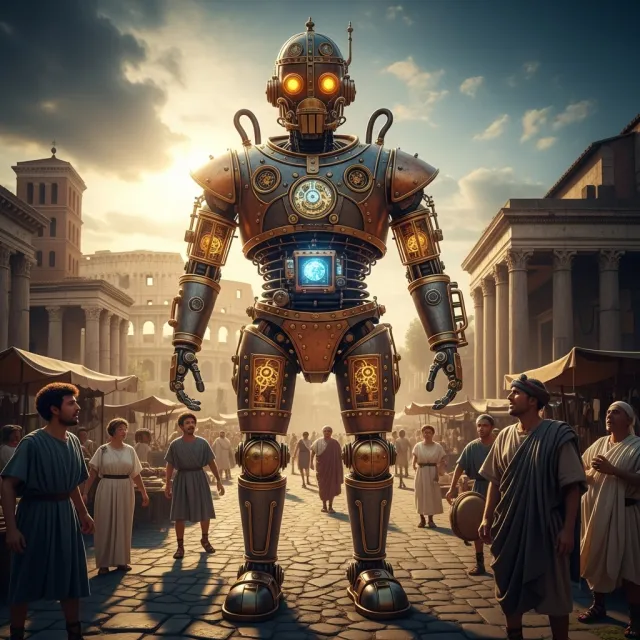 A steampunk robot time-traveling in ancient Rome, depicted in a detailed cinematic style… - Google Imagen 4.0 Ultra
