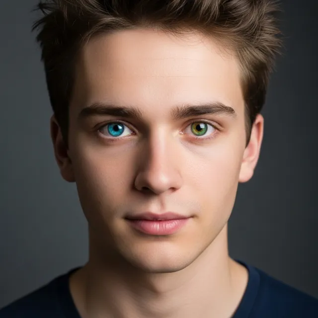 A studio headshot of a young man with one blue eye and one green eye (heterochromia). - Imagen 4.0 Ultra