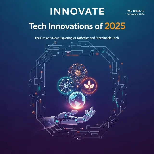 A technology magazine cover featuring the headline "Tech Innovations of 2025," clean… - Google Imagen 4.0 Ultra