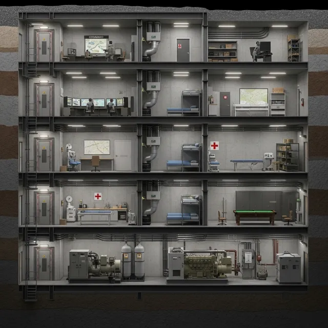 Cross-section rendering of a multi-level underground bunker with different functional… - Google Imagen 4.0 Ultra