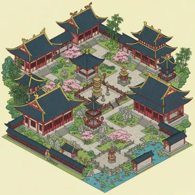 Isometric architectural illustration of an ancient Chinese temple complex showing… - Google Imagen 4.0 Ultra
