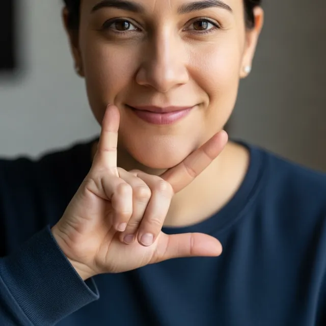Photorealistic close-up portrait of a person clearly performing the American Sign Language gesture for "thank you," hand positioned visibly in front of the chest, clear expression on face, neutral background - Imagen 4.0 Ultra