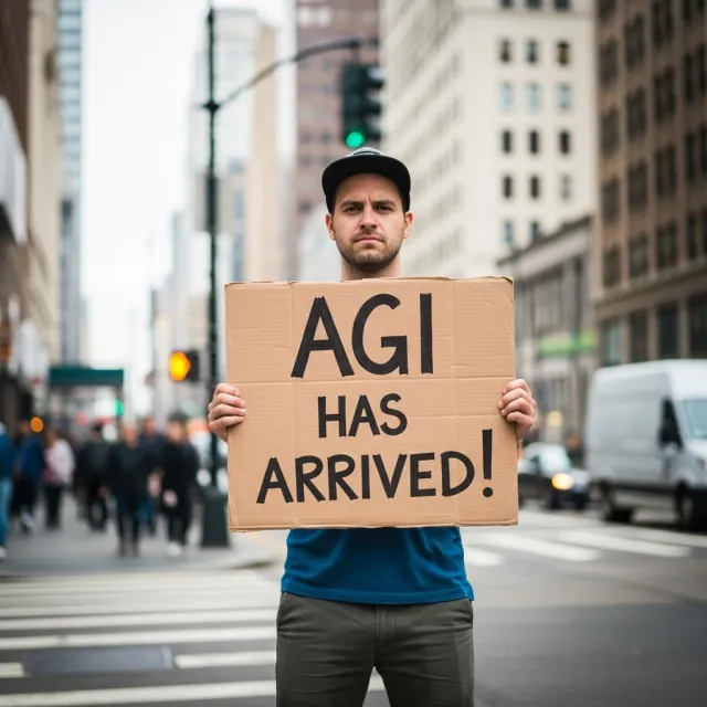 Photorealistic daytime street photograph, clearly showing a man standing still on a busy urban street corner holding a rectangular cardboard sign clearly facing camera, handwritten bold black marker text clearly readable as "AGI has arrived!", background blurred with realistic pedestrians and cityscape - Imagen 4.0 Ultra