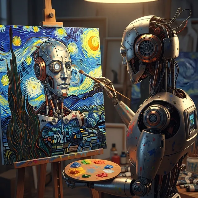 Photorealistic image of a robot painting a realistic self-portrait (i.e. the robot) on… - Google Imagen 4.0 Ultra