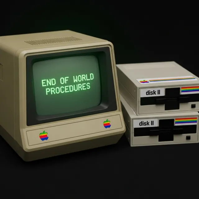 Vintage Apple II computer with green monochrome CRT screen, displaying 'END OF WORLD… - Google Imagen 4.0 Ultra
