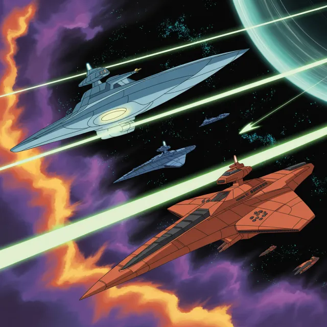 A 90s anime-style space battle scene with giant starships and laser beams - Ideogram 3.0 (Quality)
