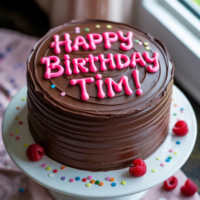 A birthday cake with icing that spells "Happy Birthday Tim!" on top, food photography… - Ideogram 3.0 (Quality)