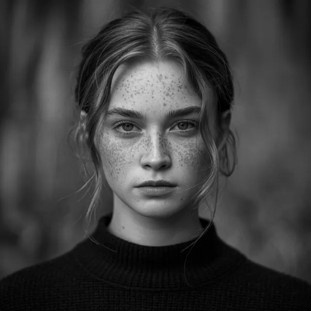 A black and white close-up portrait of a freckled woman with an intense gaze - Ideogram 3.0 (Quality)