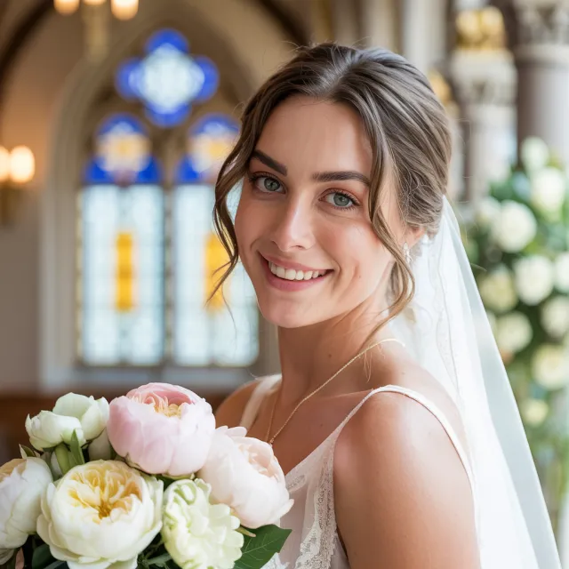 A bride on her wedding day, smiling with tears of joy in her eyes - Ideogram 3.0 (Quality)