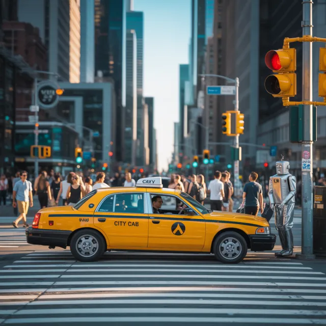 A busy city intersection with cars, pedestrians, and street performers all in one frame - Ideogram 3.0 (Quality)
