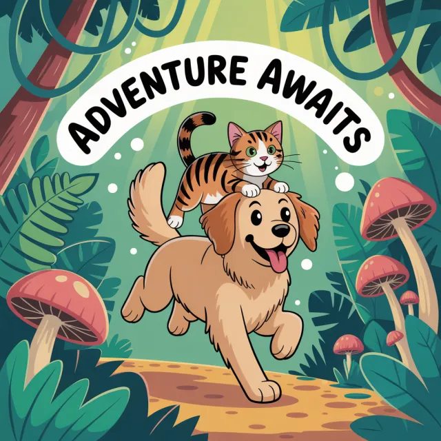 A cartoon of a cat and a dog on an adventure, drawn in a colorful 2D style - Ideogram 3.0 (Quality)