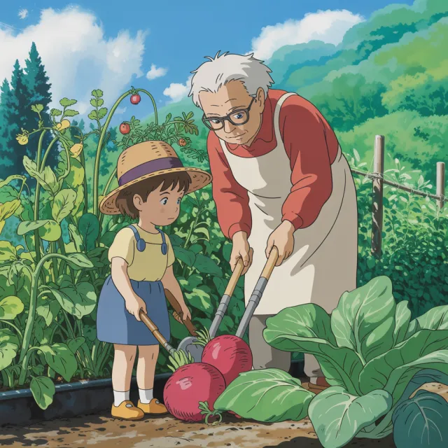 A child and elder tending oversized vegetables in a garden. Reproduce the artistic style of Studio Ghibli, with their distinctive character proportions and detailed plant illustrations. - Ideogram 3.0 (Quality)