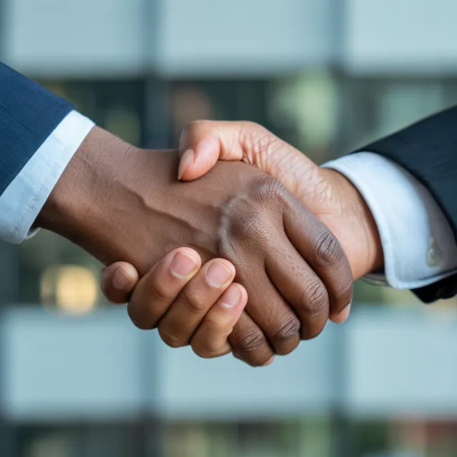 A close-up of two people shaking hands, both hands fully visible with five fingers each… - Ideogram 3.0 (Quality)