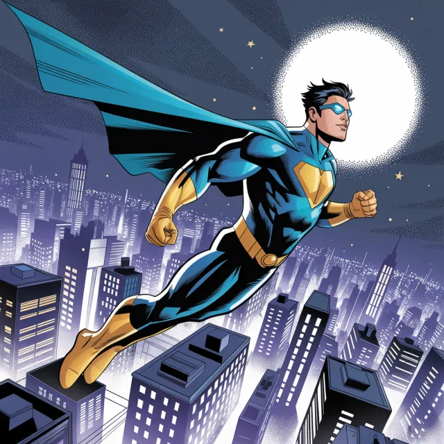 A comic-book style superhero flying over a city at night, with halftone shading - Ideogram 3.0 (Quality)