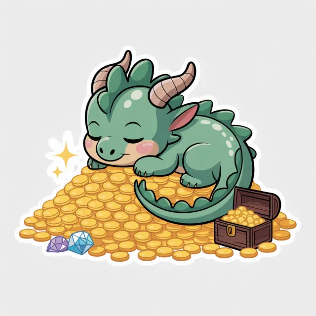 A cute chibi-style dragon sleeping on a pile of gold - Ideogram 3.0 (Quality)