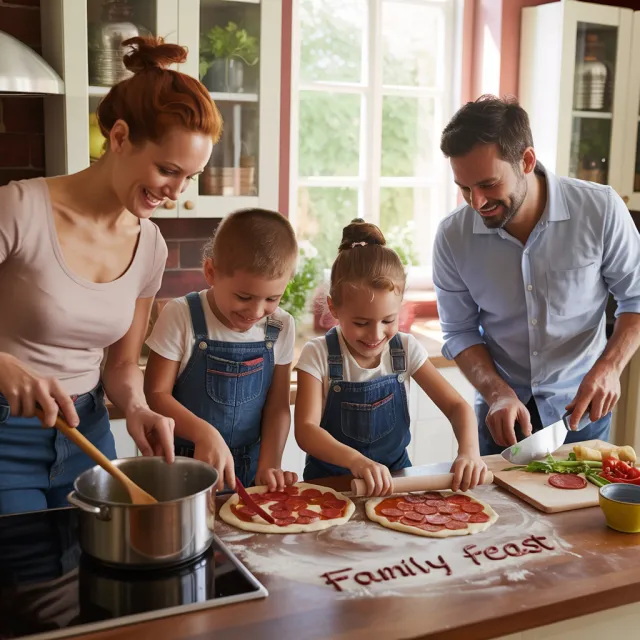 A family cooking together in a kitchen, each person busy with a different task. - Ideogram 3.0 (Quality)