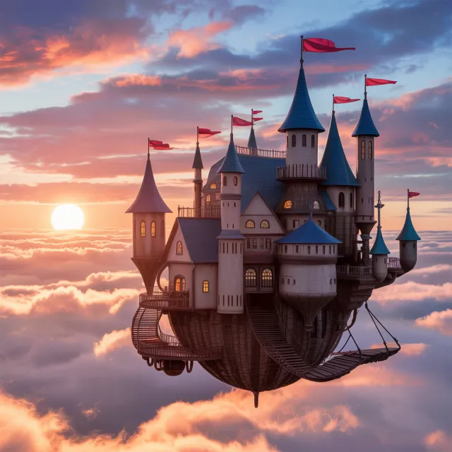 A flying castle floating in clouds at sunrise. Match the visual aesthetic of 'Howl's… - Ideogram 3.0 (Quality)