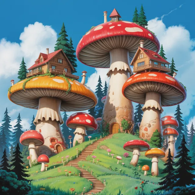 A forest of giant mushrooms with houses built on top of them, rendered in a whimsical… - Ideogram 3.0 (Quality)