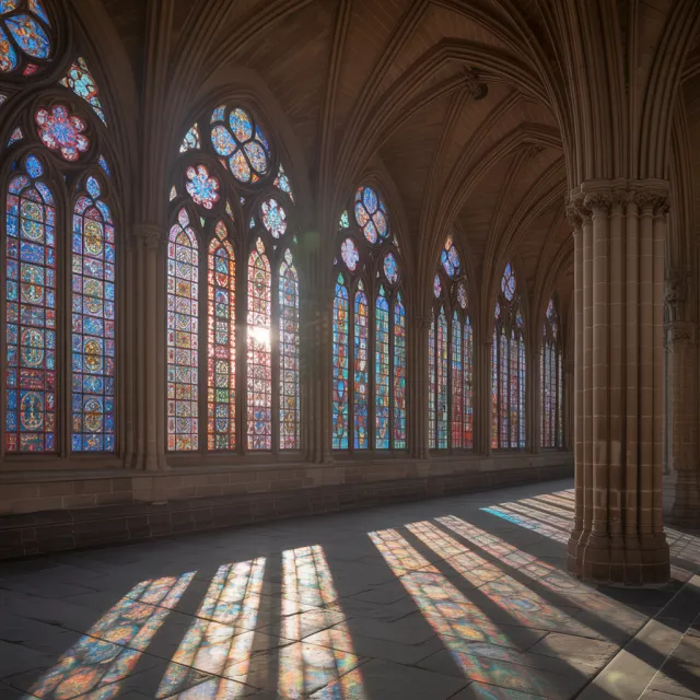 A Gothic cathedral interior at sunset with light streaming through detailed stained glass windows, creating colored patterns on stone floors and columns. Show accurate ribbed vaulting. - Ideogram 3.0 (Quality)
