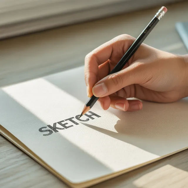 A hand drawing a sketch on paper with a pencil, the hand and pencil tip in clear focus - Ideogram 3.0 (Quality)