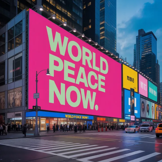 A large storefront billboard at Times Square displaying the slogan “WORLD PEACE NOW” in… - Ideogram 3.0 (Quality)