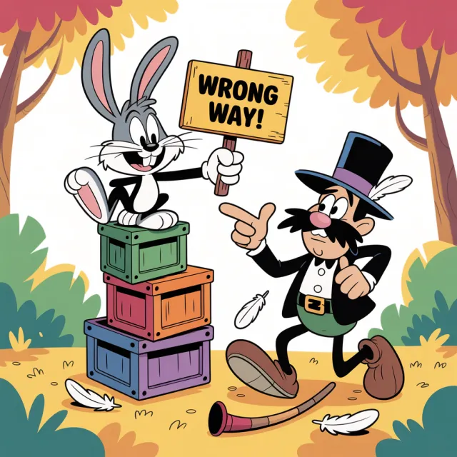 A Looney Tunes-inspired cartoon scene of a clever rabbit tricking a hunter - Ideogram 3.0 (Quality)