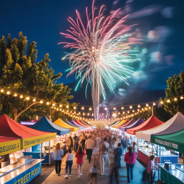 A nighttime festival with fireworks in the sky, food stalls lined up, and crowds mingling - Ideogram 3.0 (Quality)